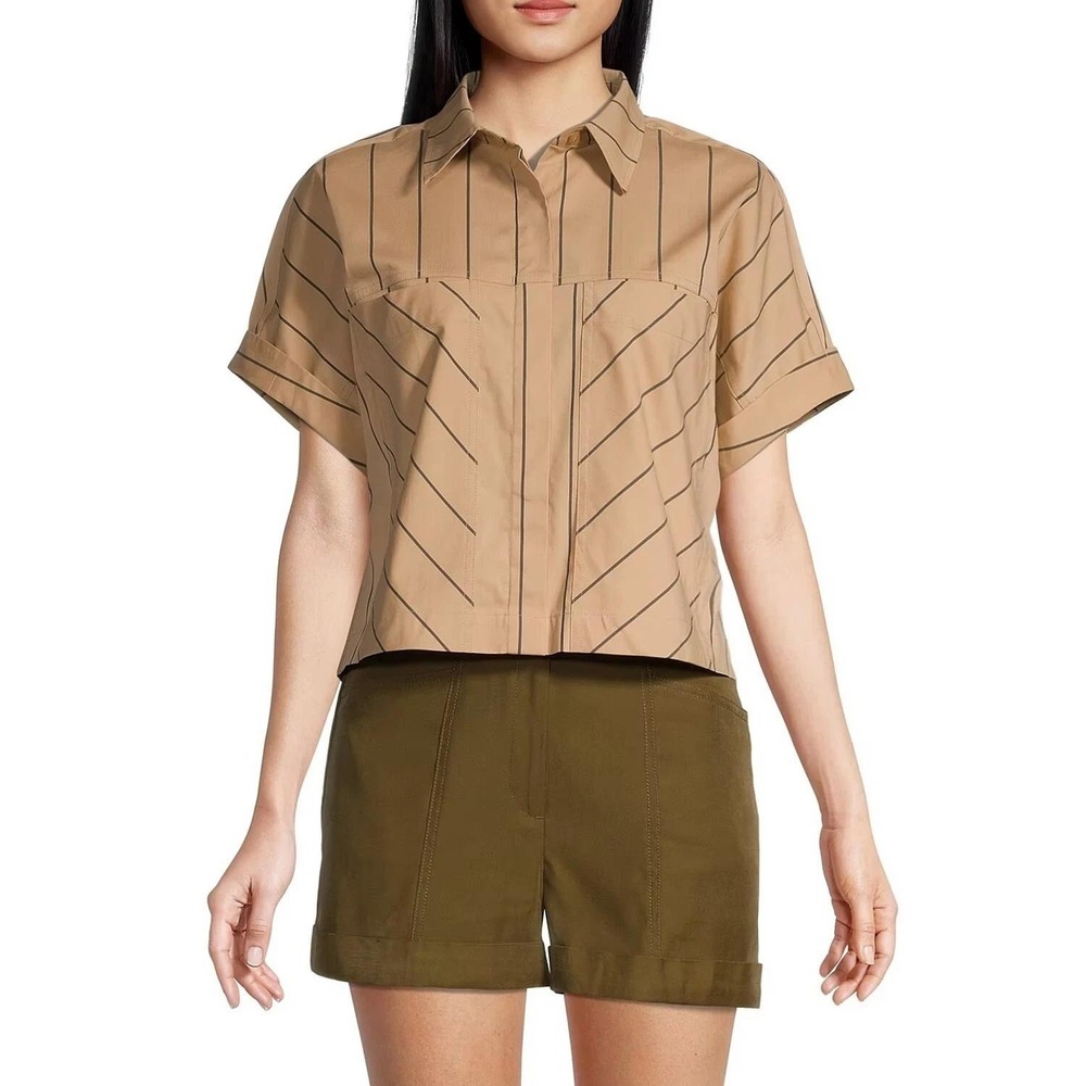 Worthington Tan/Blk Pinstripe Boxy Cropped Short Sleeve ButtonUp Shirt Petite S